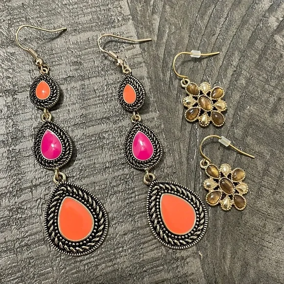 Boho Teardrop Dangle Earrings in Coral and Fuchsia - Picture 1 of 3